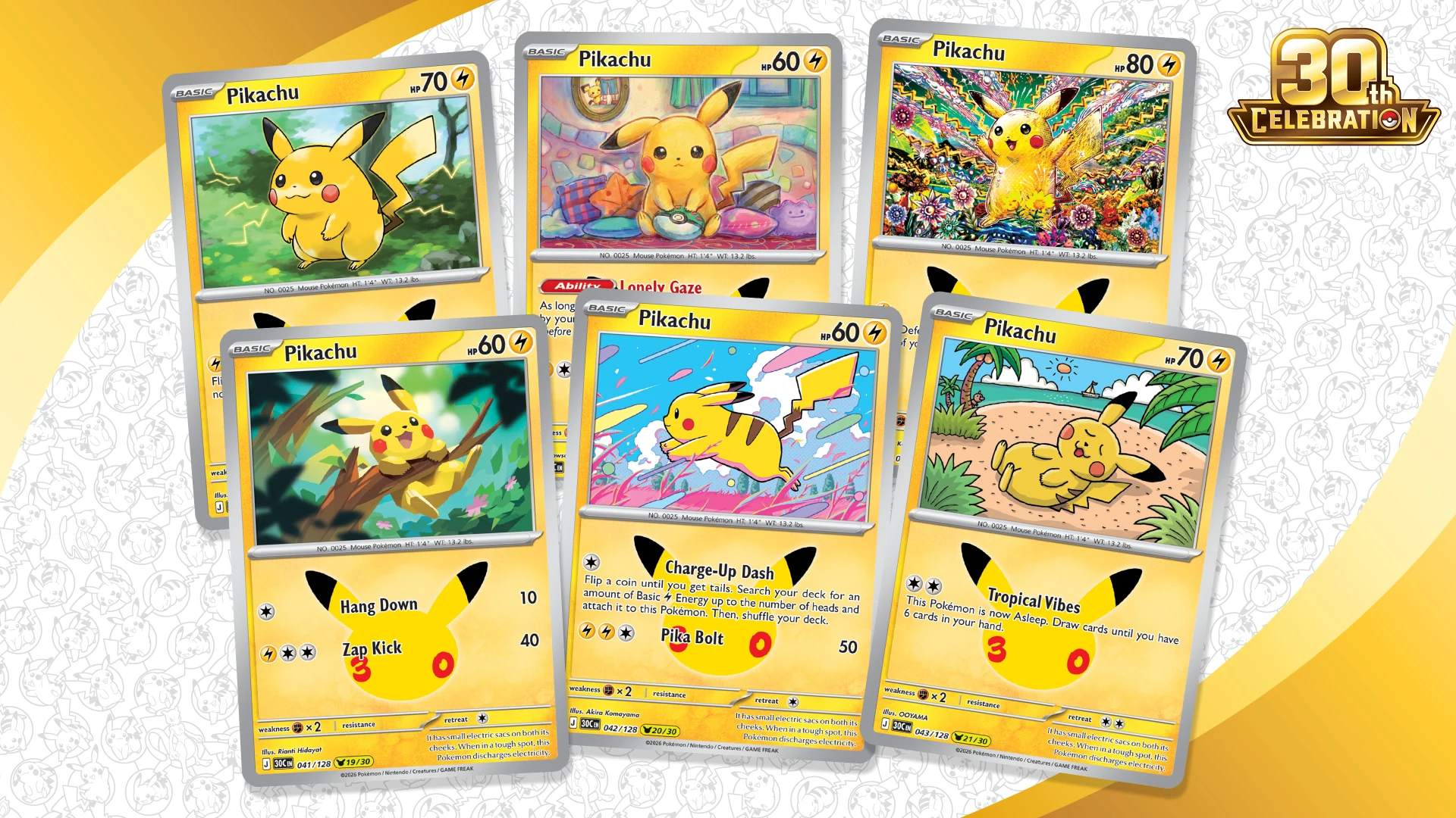 Offizielles Pokémon Motiv mit mehreren Pikachu-Karten aus 30th Celebration