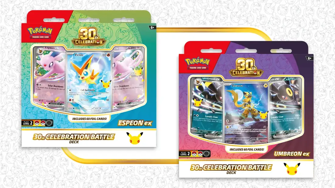 Offizielles Produktbild der Pokémon 30th Celebration Battle Decks mit Espeon ex und Umbreon ex