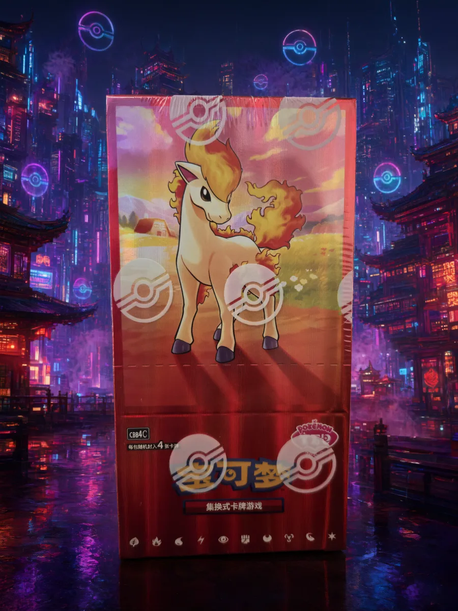 Inszenierte Aufnahme des versiegelten chinesischen Pokémon Gem Pack Vol. 4 Displays mit Ponita auf roter Verpackung